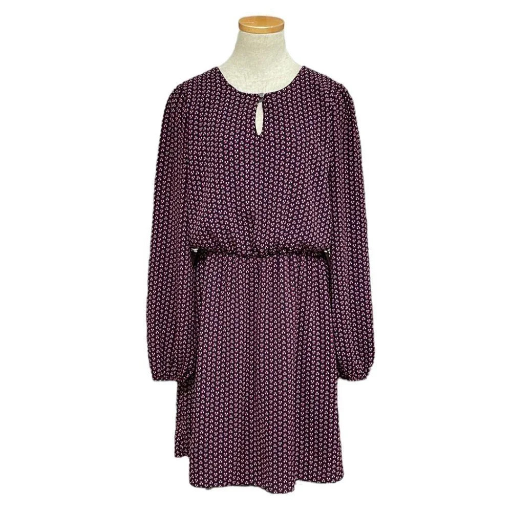 Motivi Long Sleeve Blouson Dress Keyhole Red Blue Size Medium M